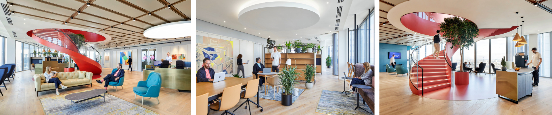 The left panel features an inviting lounge area with a distinctive red spiral staircase, plush seating, and a relaxed ambiance under a geometric ceiling design. The central panel highlights a workspace with sleek, modern furnishings and vibrant artwork, fostering a dynamic and creative work environment. The right panel continues the energetic theme with the spiral staircase ascending beside a casual meeting area bathed in natural light, exemplifying modern office design that combines functionality with aesthetic appeal.