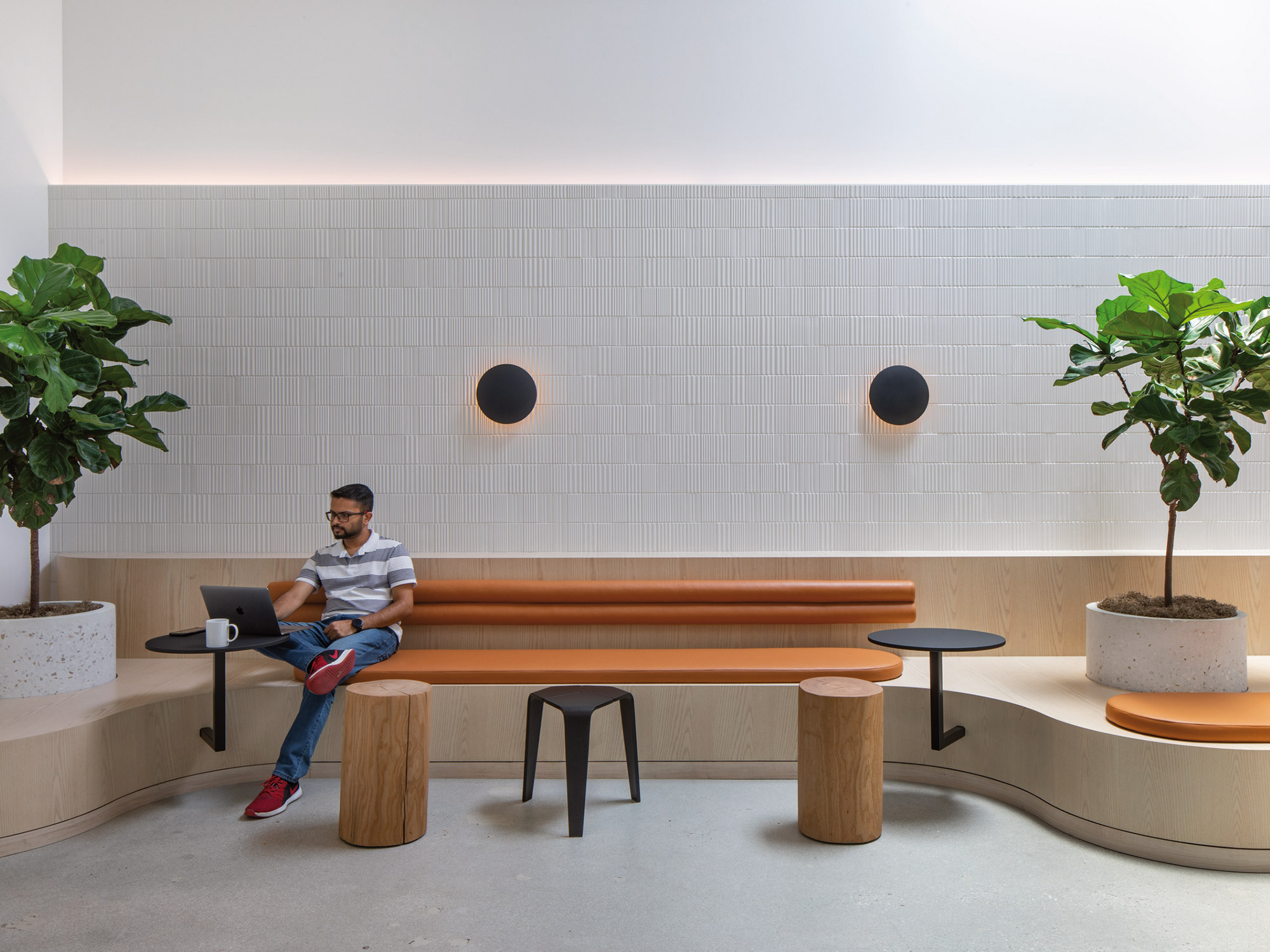 A man in casual attire enjoys a moment of solitude with his laptop on a sleek, modern bench in a stylishly minimalist cafe, flanked by potted green plants.