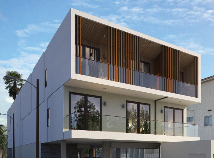 Modern two-story residential building with geometric lines, featuring a combination of clean white facade and warm wood paneling. Balconies with glass railings enhance the open design, while the landscaped entrance complements the structure's minimalist aesthetic.