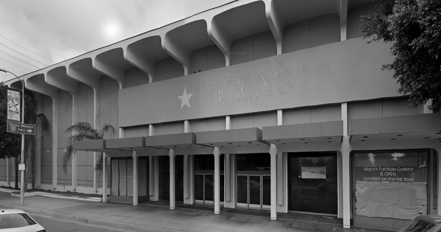 Exterior view of a former Macy's building in Los Angeles, California.