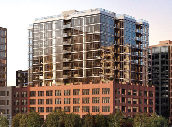 Modern waterfront residential buildings with reflective glass facades and staggered balconies overlooking a calm river, harmoniously integrated into the urban landscape.