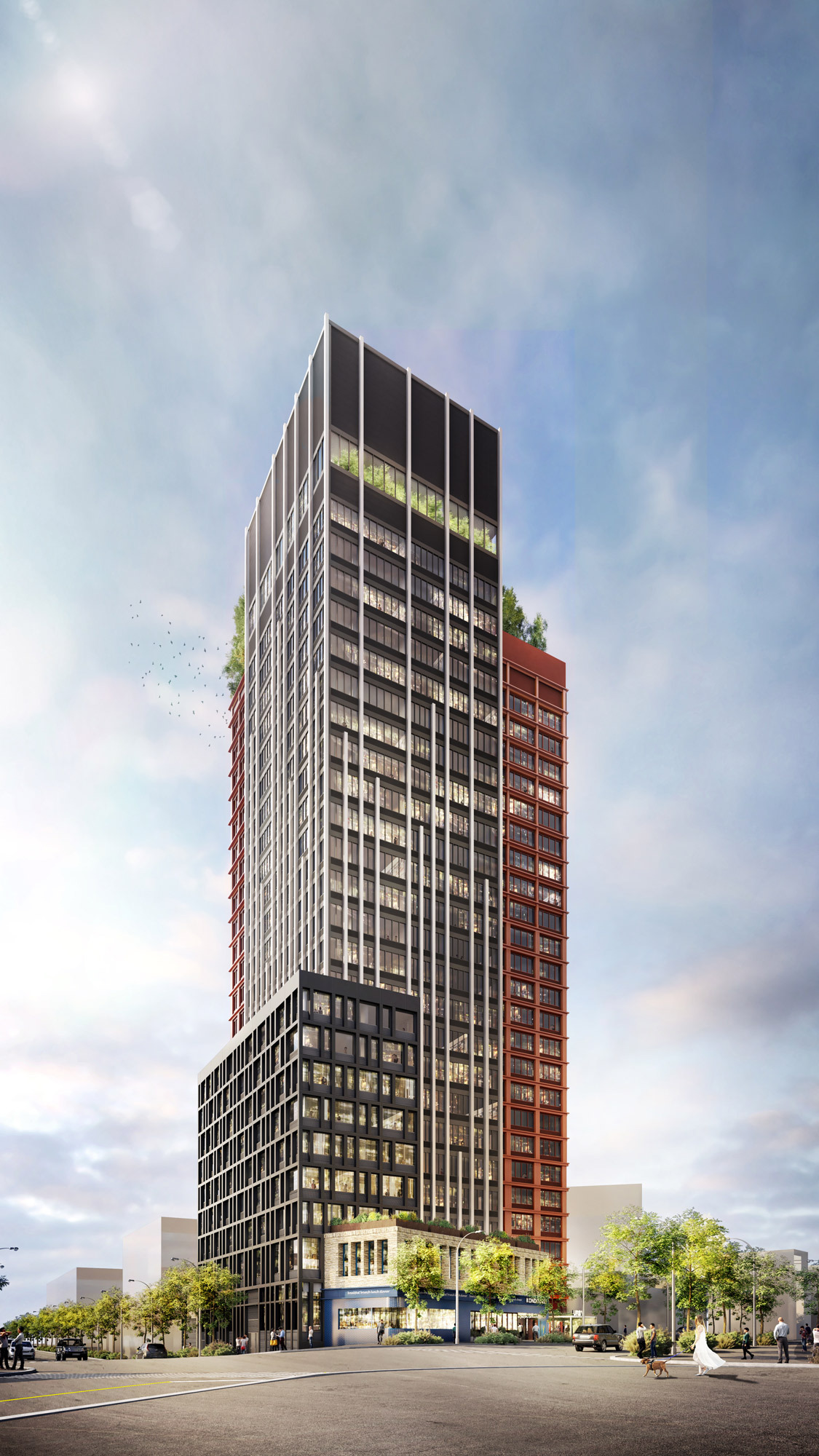 Modern high-rise rendering with a multi-texture facade, featuring contrasting sections of reflective glass, red brick, and charcoal panels. The building showcases staggered terraces with greenery, enhancing urban sustainability.